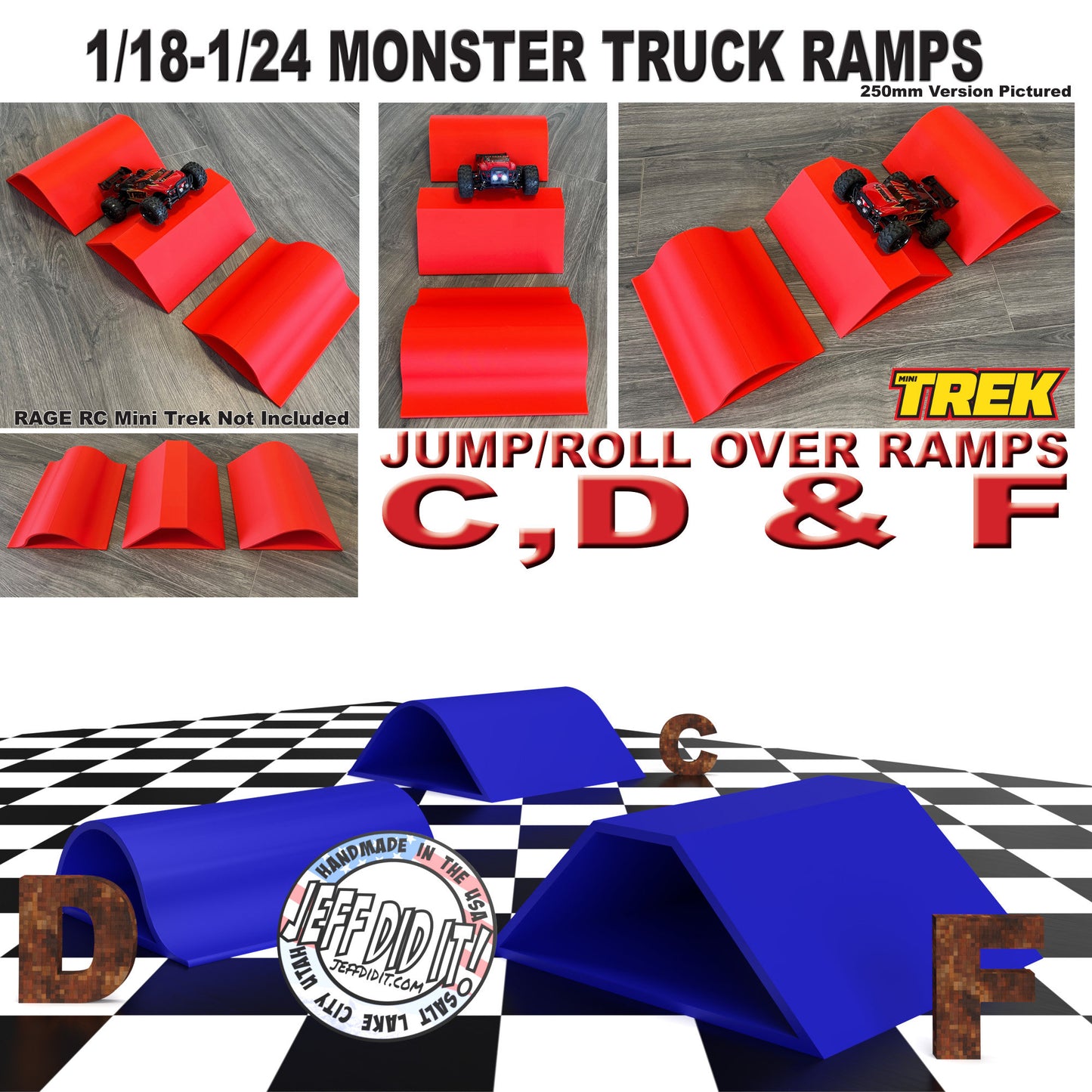 1/24th Monster Truck Ramp Set Includes 3 Jump/Roll Over Ramps - 200mm Works as Display Stand - Includes Anti Slip Rubber Feet - Great Gift!