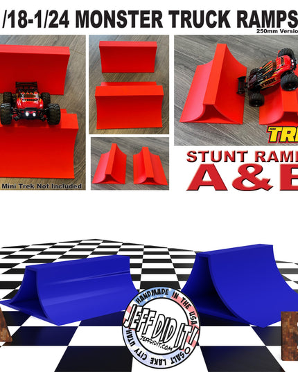1/24th Monster Truck Stunt Ramp Set Includes 2 Stunt/Jump Ramps - Works as Display Stand - Includes Anti Slip Rubber Feet - Great Gift!