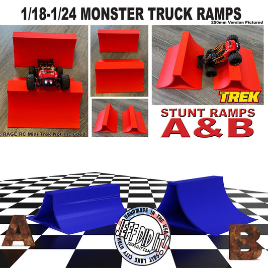 1/24th Monster Truck Stunt Ramp Set Includes 2 Stunt/Jump Ramps - Works as Display Stand - Includes Anti Slip Rubber Feet - Great Gift!