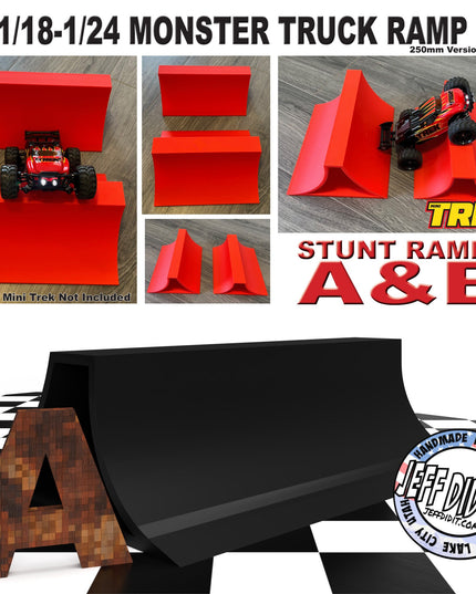 1/24th Monster Truck Stunt Ramp A - Catch Big Air - WIDE 250mm- Works as Display Stand - Includes Anti Slip Rubber Feet