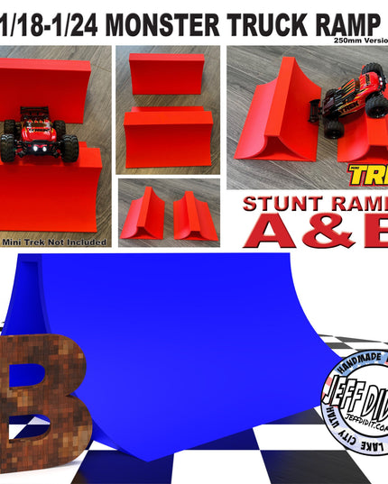 1/24th Monster Truck Stunt Ramp Ramp B - WIDE 250mm - Catch HUGH air! - Works as Display Stand - Includes Anti Slip Rubber Feet