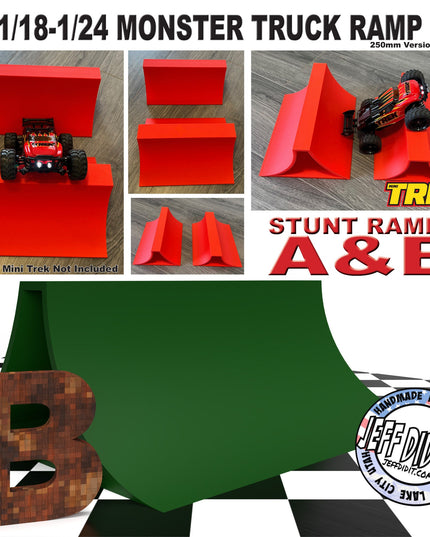 1/24th Monster Truck Stunt Ramp Ramp B - WIDE 250mm - Catch HUGH air! - Works as Display Stand - Includes Anti Slip Rubber Feet