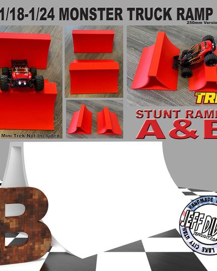 1/24th Monster Truck Stunt Ramp Ramp B - WIDE 250mm - Catch HUGH air! - Works as Display Stand - Includes Anti Slip Rubber Feet