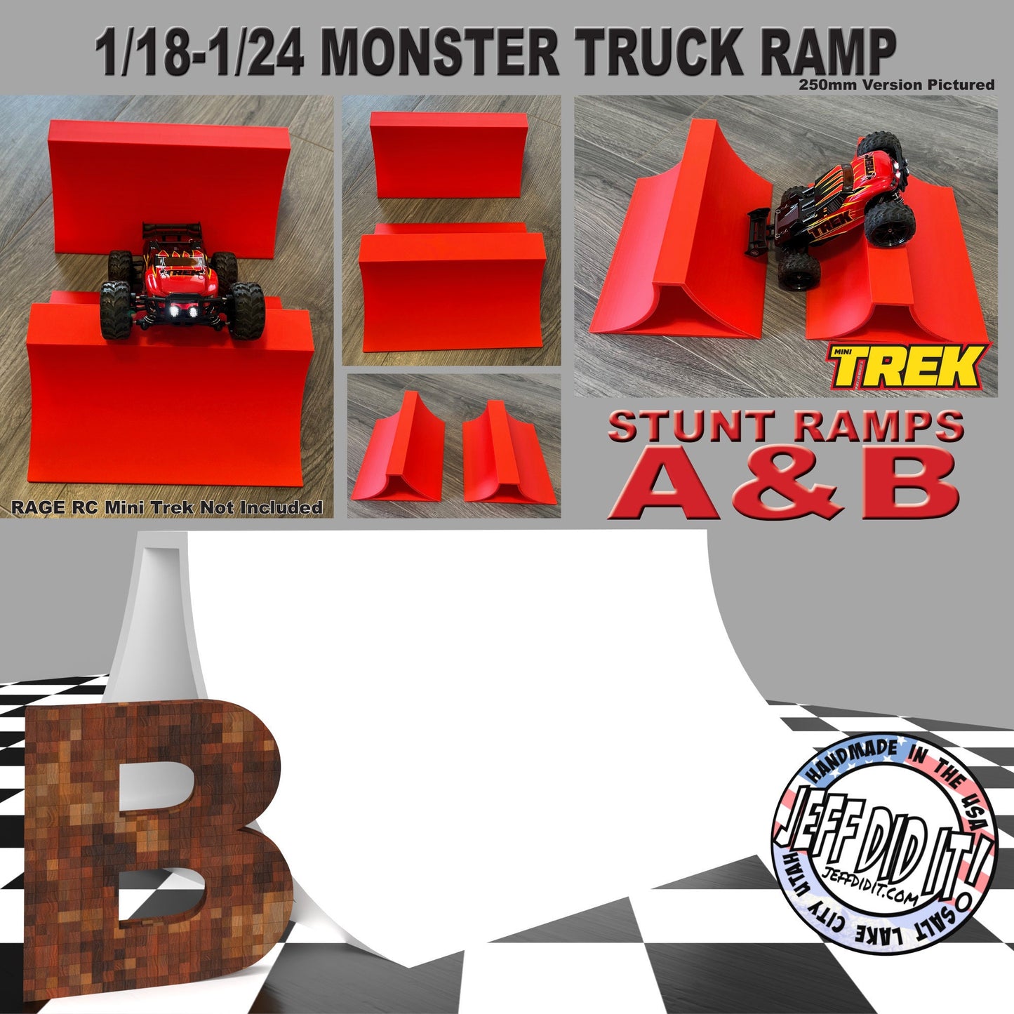 1/24th Monster Truck Stunt Ramp Ramp B - WIDE 250mm - Catch HUGH air! - Works as Display Stand - Includes Anti Slip Rubber Feet