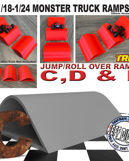 1/24th Monster Truck Jump / Roll Over Ramp Ramp C - WIDE 250mm - Works as Display Stand - Includes Anti Slip Rubber Feet - Lot of Fun!
