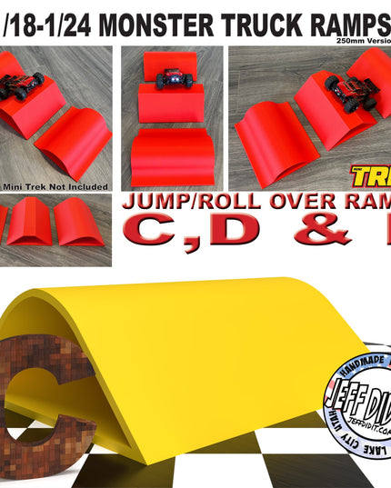 1/24th Monster Truck Jump / Roll Over Ramp Ramp C - WIDE 250mm - Works as Display Stand - Includes Anti Slip Rubber Feet - Lot of Fun!