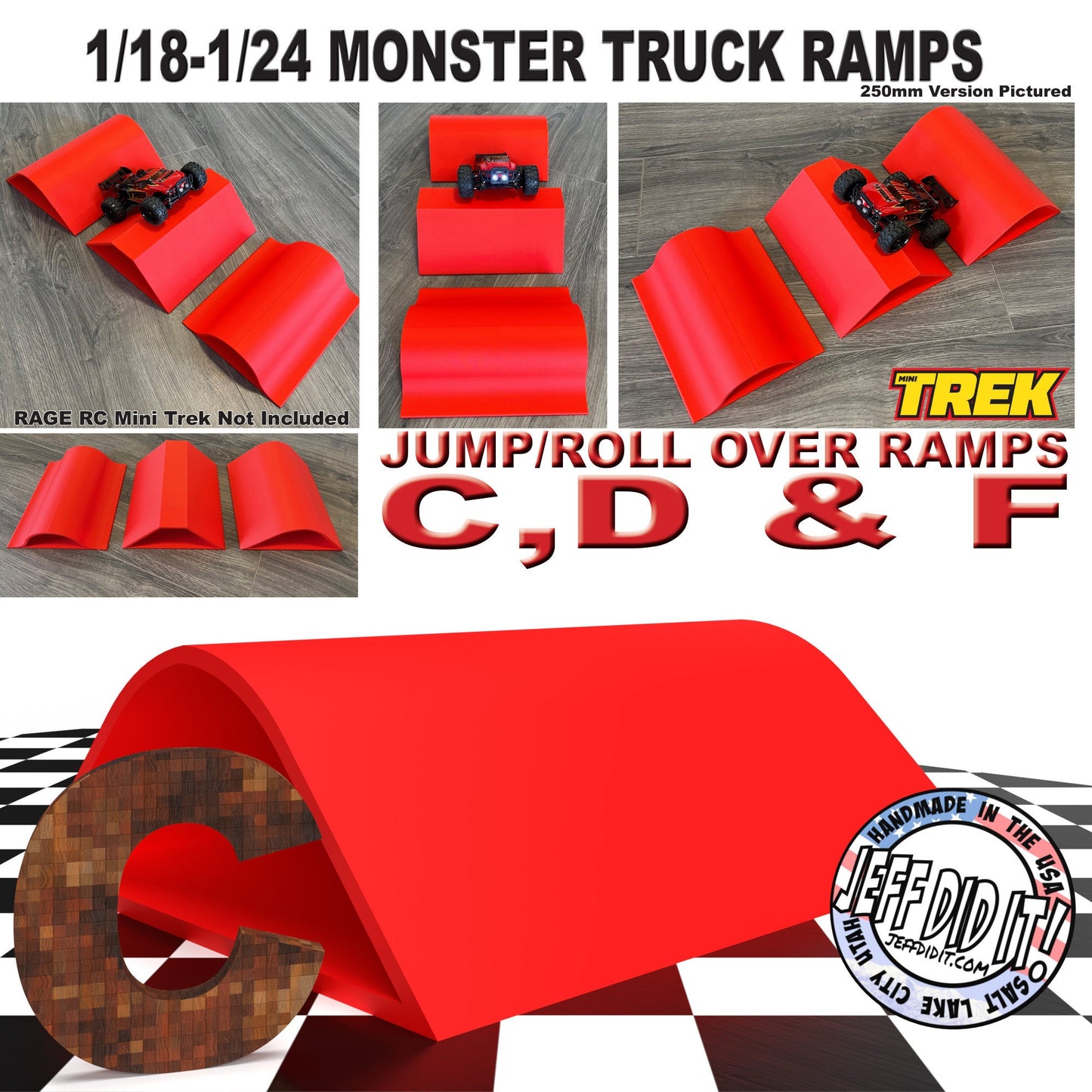 1/24th Monster Truck Jump / Roll Over Ramp Ramp C - WIDE 250mm - Works as Display Stand - Includes Anti Slip Rubber Feet - Lot of Fun!