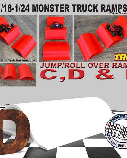 1/24th Monster Truck Jump / Roll Over Ramp D - WIDE  250mm - Works as Display Stand - Includes Anti Slip Rubber Feet - Fun for Hours!