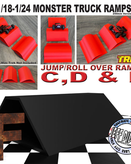1/24th Monster Truck Ramp Jump / Roll Over F - WIDE 250mm - Works as Display Stand - Includes Anti Slip Rubber Feet - Fun for Hours