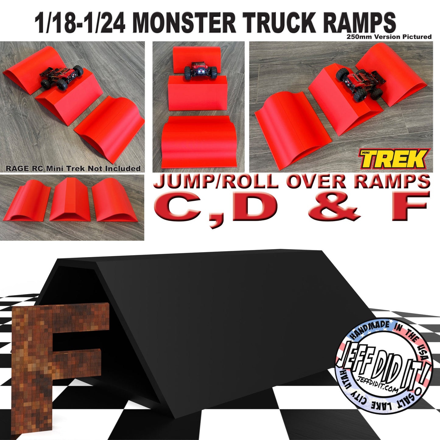 1/24th Monster Truck Ramp Jump / Roll Over F - WIDE 250mm - Works as Display Stand - Includes Anti Slip Rubber Feet - Fun for Hours