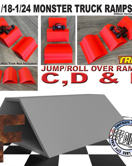 1/24th Monster Truck Ramp Jump / Roll Over F - WIDE 250mm - Works as Display Stand - Includes Anti Slip Rubber Feet - Fun for Hours