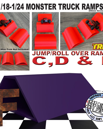 1/24th Monster Truck Ramp Jump / Roll Over F - WIDE 250mm - Works as Display Stand - Includes Anti Slip Rubber Feet - Fun for Hours