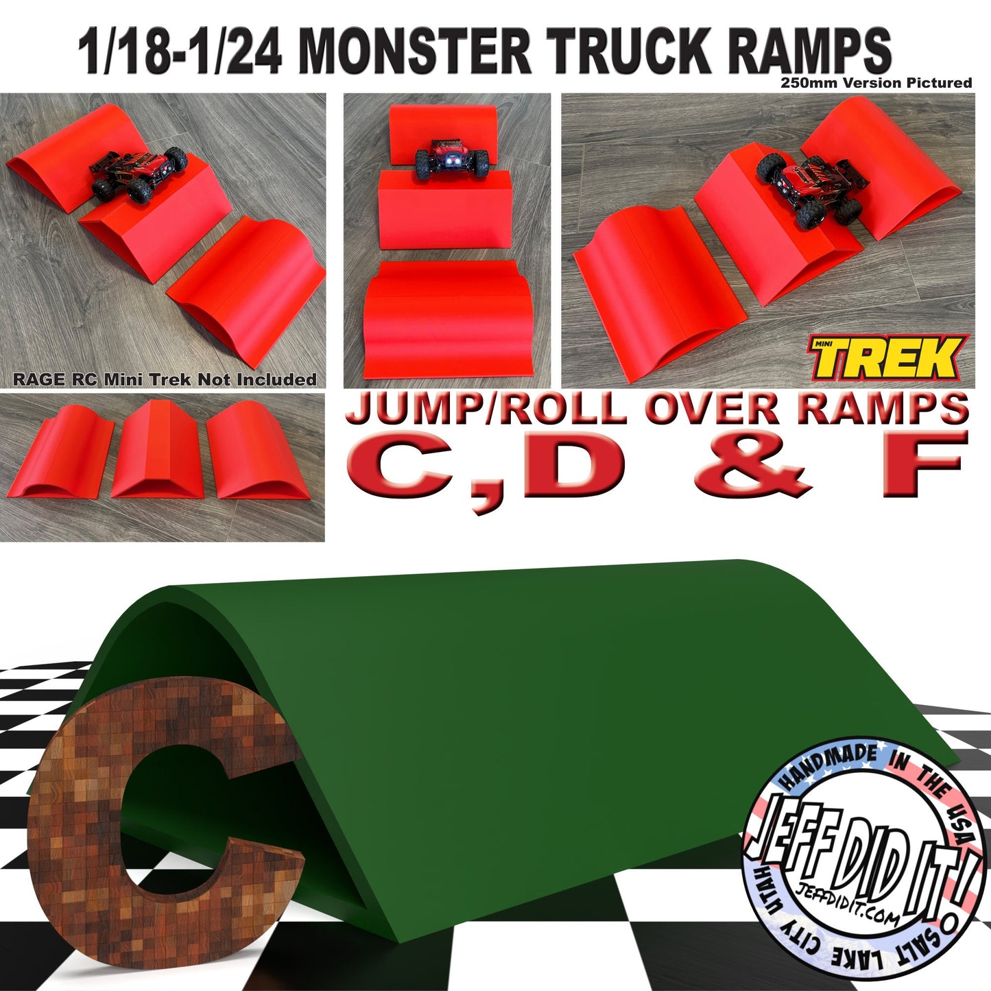 1/24th Monster Truck Jump / Roll Over Ramp C - XTRA WIDE 300mm - Works as Display Stand - Includes Anti Slip Rubber Feet