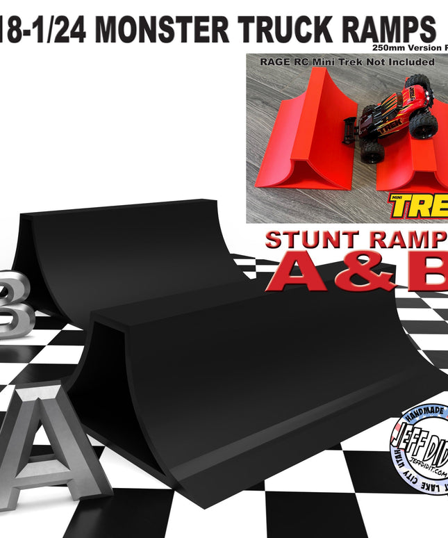 1/24th Monster Truck Stunt Ramp Set Includes 2 Stunt/Jump Ramps - Wide 250mm - Includes Anti Slip Rubber Feet - Great Gift!