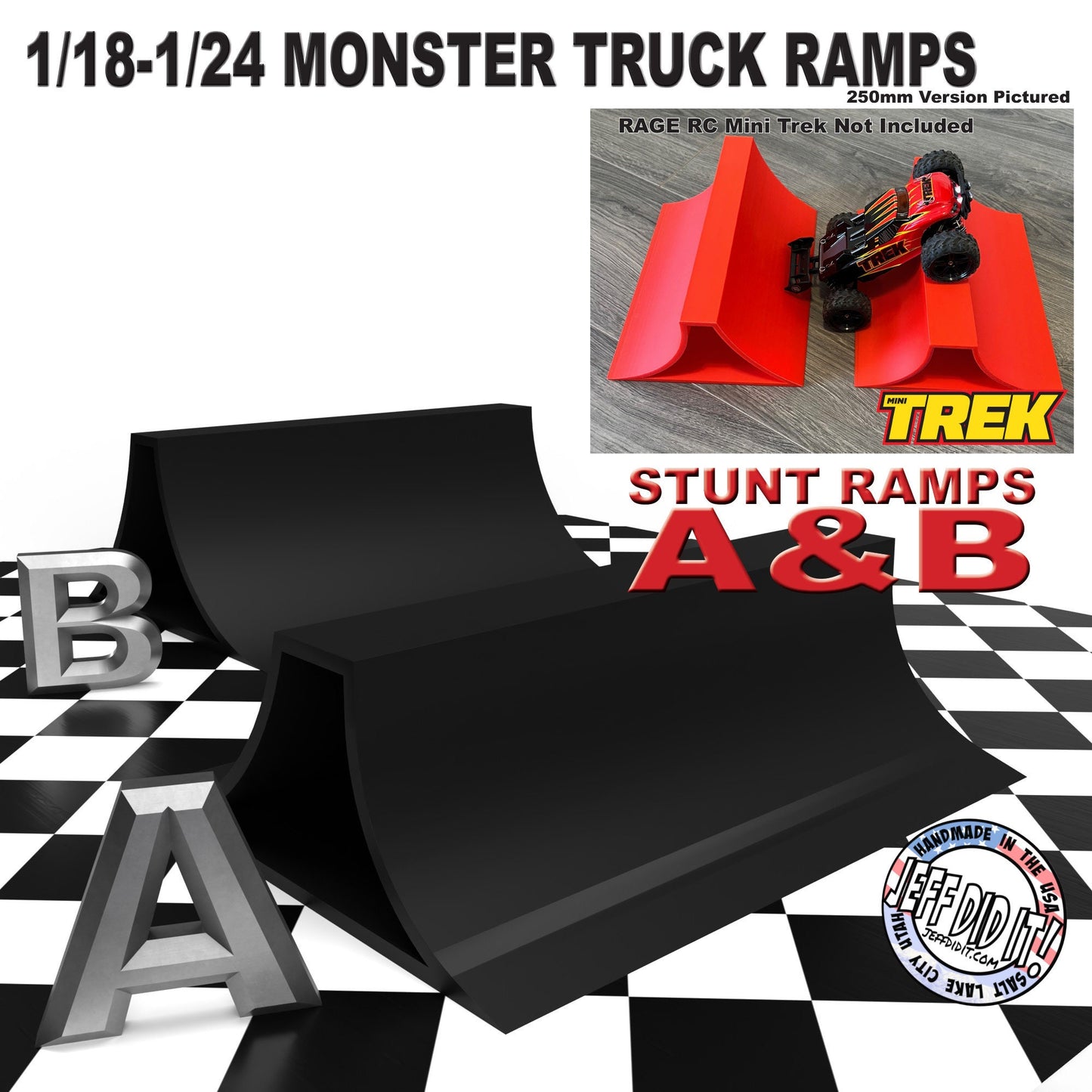 1/24th Monster Truck Stunt Ramp Set Includes 2 Stunt/Jump Ramps - Wide 250mm - Includes Anti Slip Rubber Feet - Great Gift!