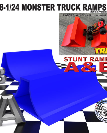 1/24th Monster Truck Stunt Ramp Set Includes 2 Stunt/Jump Ramps - Wide 250mm - Includes Anti Slip Rubber Feet - Great Gift!
