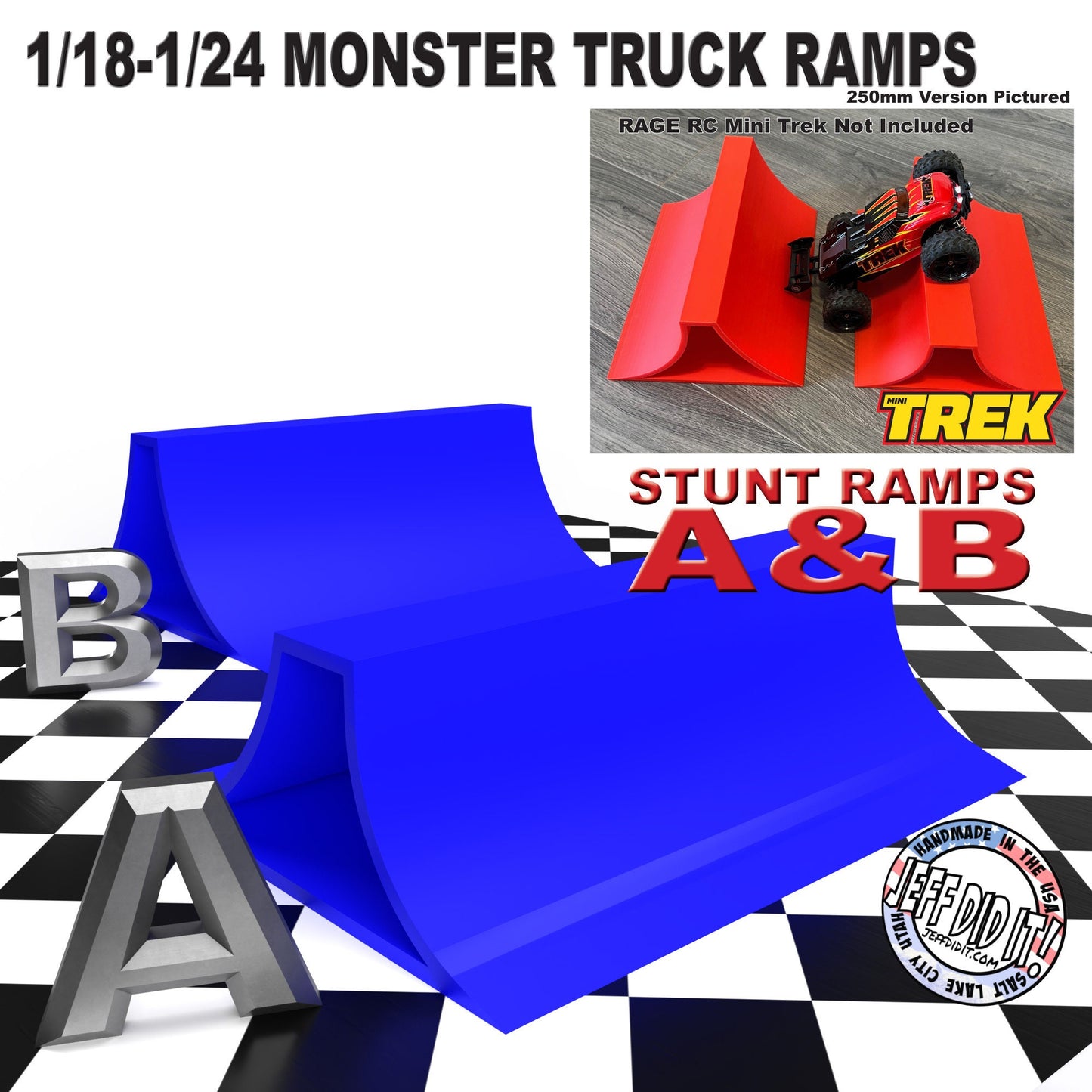 1/24th Monster Truck Stunt Ramp Set Includes 2 Stunt/Jump Ramps - Wide 250mm - Includes Anti Slip Rubber Feet - Great Gift!