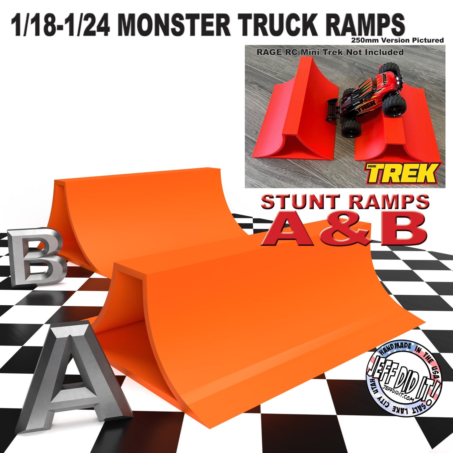 1/24th Monster Truck Stunt Ramp Set Includes 2 Stunt/Jump Ramps - Wide 250mm - Includes Anti Slip Rubber Feet - Great Gift!