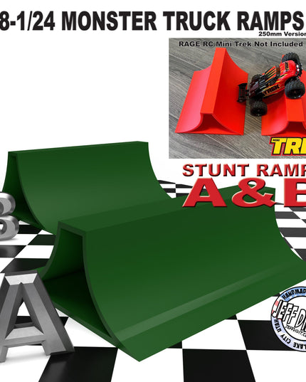 1/24th Monster Truck Stunt Ramp Set Includes 2 Stunt/Jump Ramps - Wide 250mm - Includes Anti Slip Rubber Feet - Great Gift!