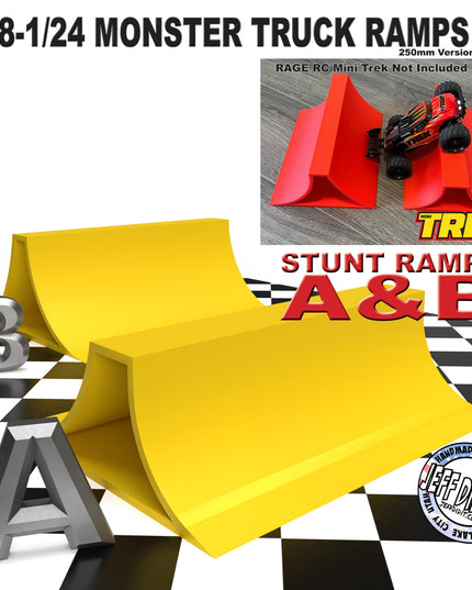 1/24th Monster Truck Stunt Ramp Set Includes 2 Stunt/Jump Ramps - Wide 250mm - Includes Anti Slip Rubber Feet - Great Gift!