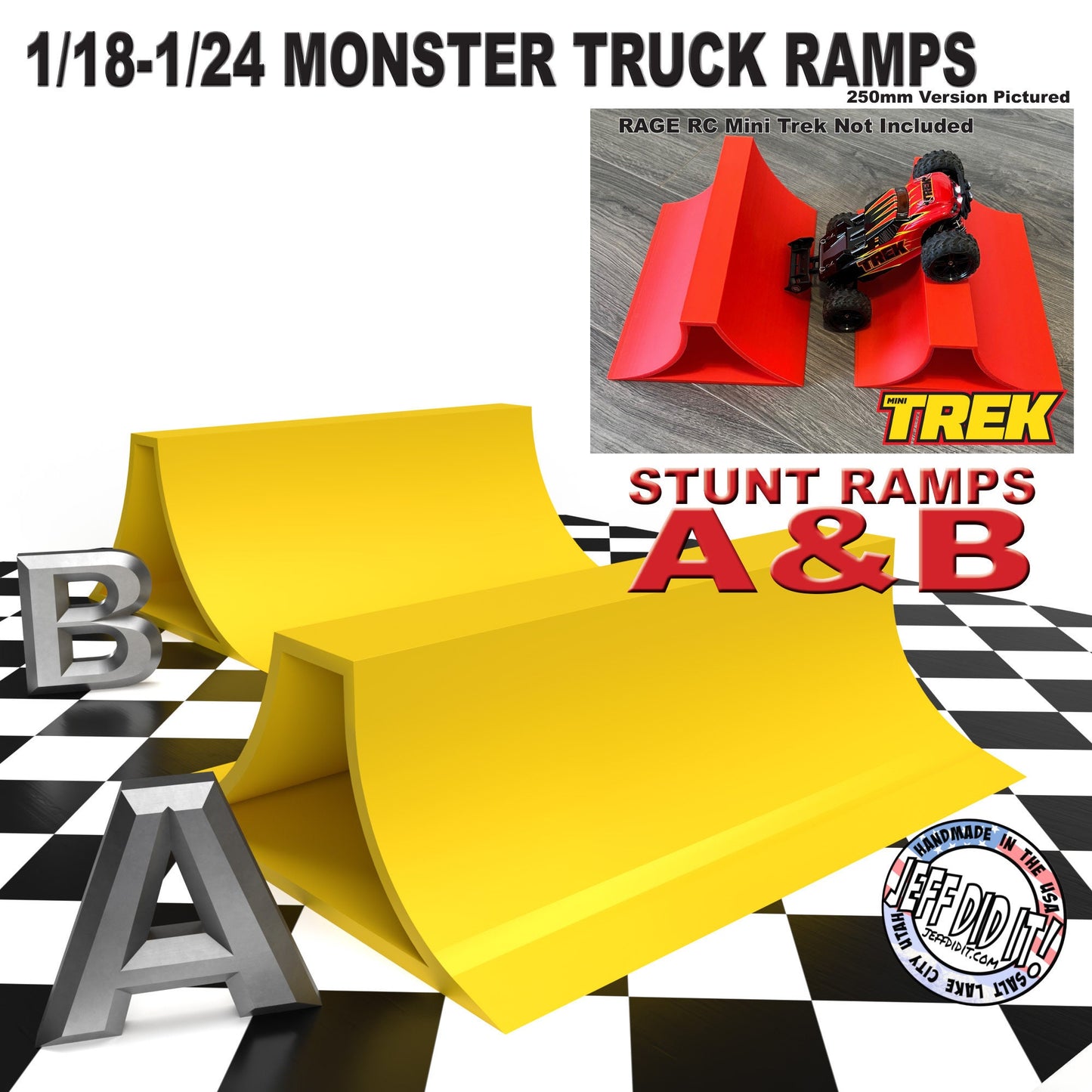 1/24th Monster Truck Stunt Ramp Set Includes 2 Stunt/Jump Ramps - Wide 250mm - Includes Anti Slip Rubber Feet - Great Gift!