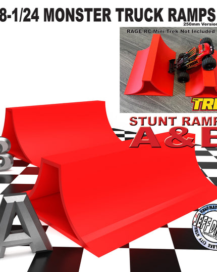 1/24th Monster Truck Stunt Ramp Set Includes 2 Stunt/Jump Ramps - Wide 250mm - Includes Anti Slip Rubber Feet - Great Gift!