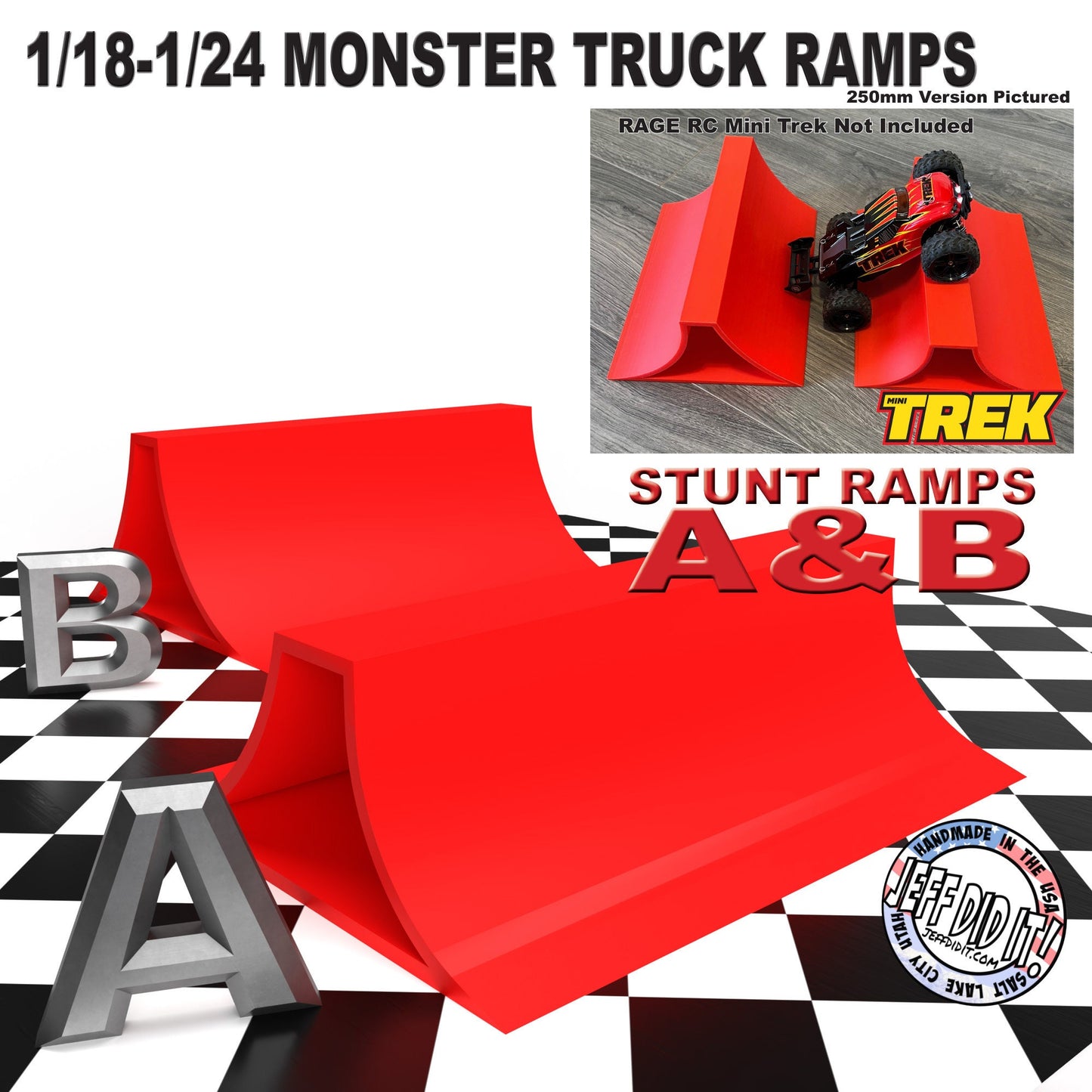 1/24th Monster Truck Stunt Ramp Set Includes 2 Stunt/Jump Ramps - Wide 250mm - Includes Anti Slip Rubber Feet - Great Gift!