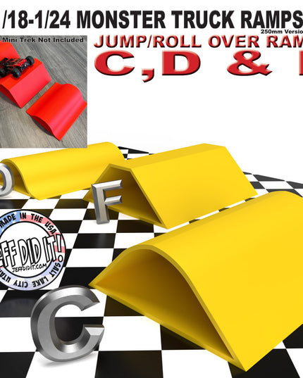 1/24th Monster Truck Ramp Set Includes 3 Jump/Roll Over Ramps - WIDE 250mm - Includes Anti Slip Rubber Feet - Great Gift!