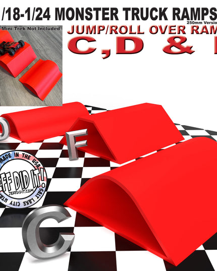 1/24th Monster Truck Ramp Set Includes 3 Jump/Roll Over Ramps - WIDE 250mm - Includes Anti Slip Rubber Feet - Great Gift!