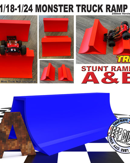 1/24th Monster Truck Stunt Ramp A - Catch Big Air - WIDE 250mm- Works as Display Stand - Includes Anti Slip Rubber Feet
