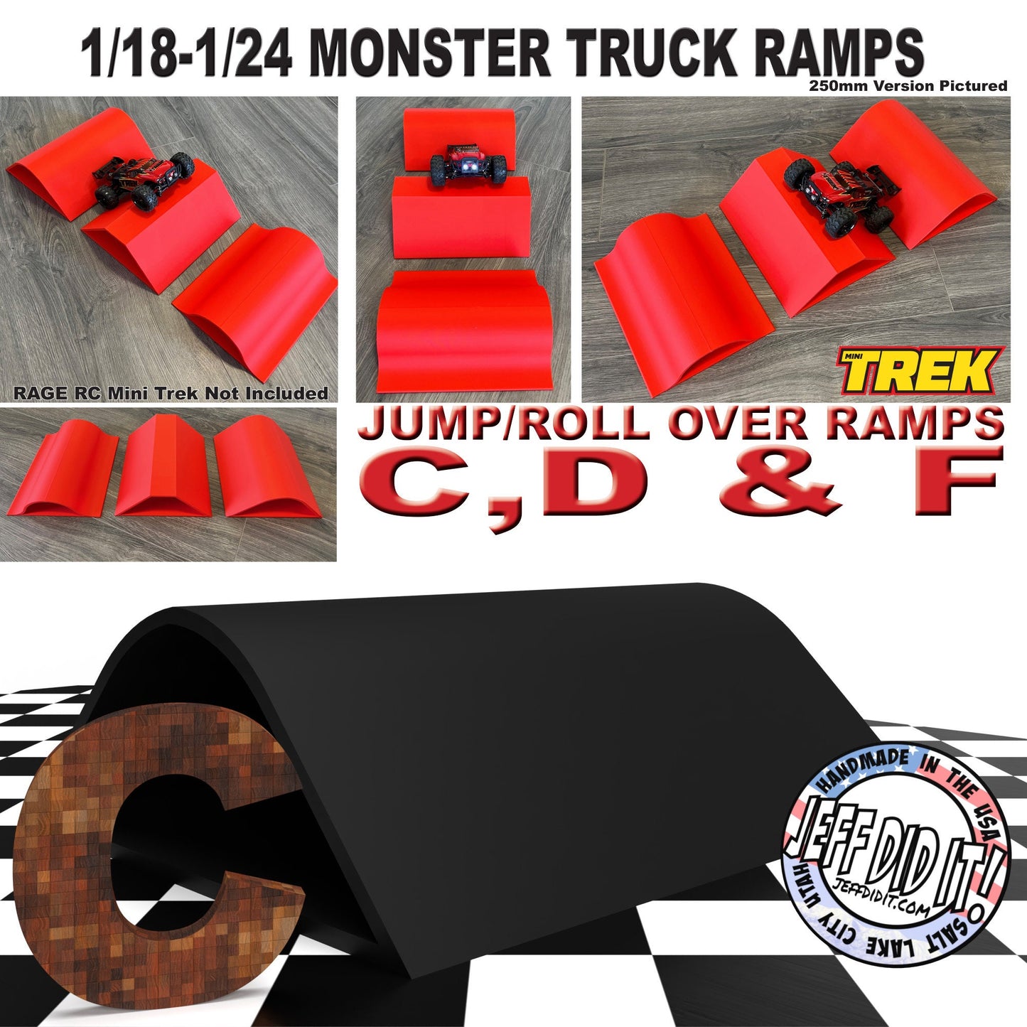 1/24th Monster Truck Jump / Roll Over Ramp Ramp C - WIDE 250mm - Works as Display Stand - Includes Anti Slip Rubber Feet - Lot of Fun!