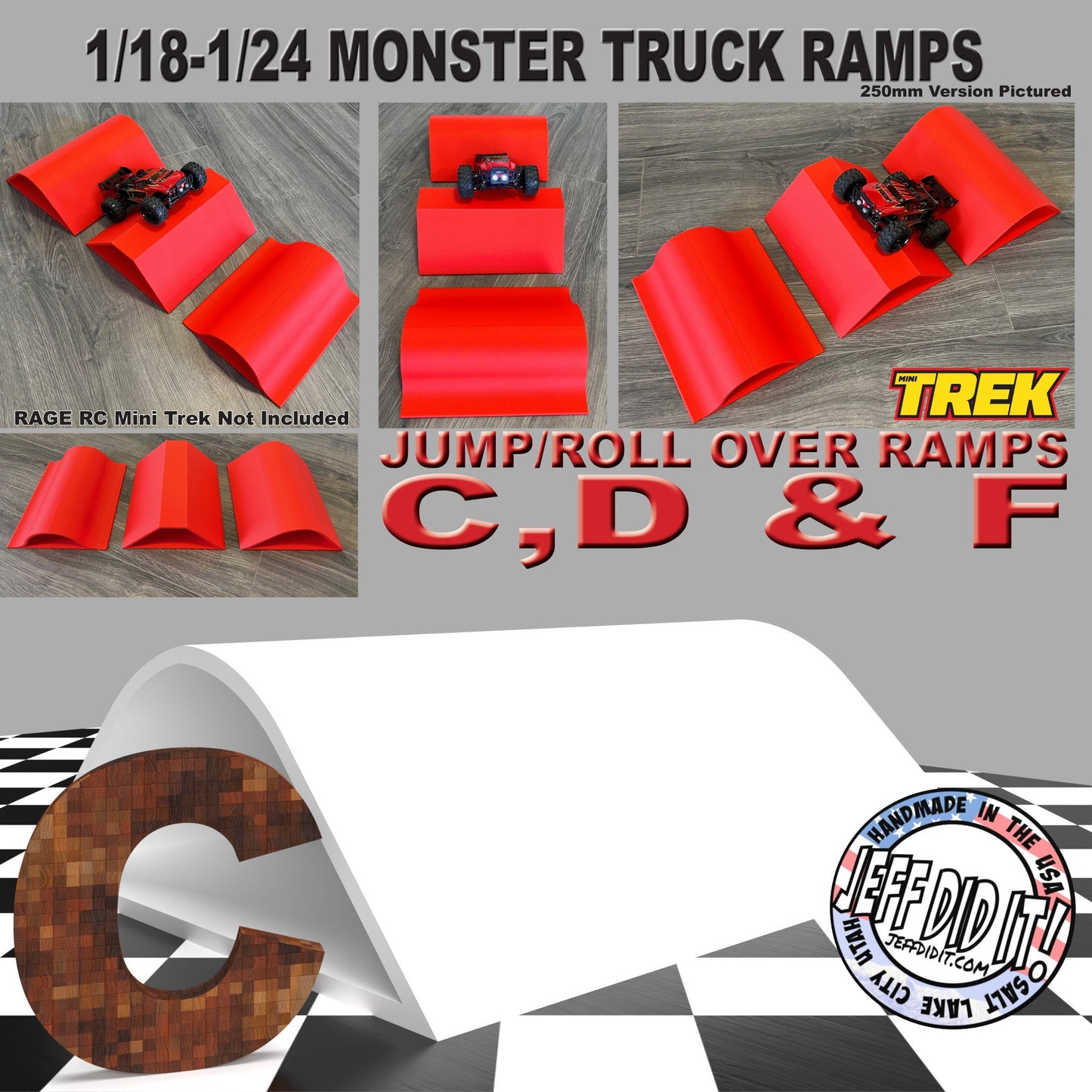 1/24th Monster Truck Jump / Roll Over Ramp Ramp C - WIDE 250mm - Works as Display Stand - Includes Anti Slip Rubber Feet - Lot of Fun!