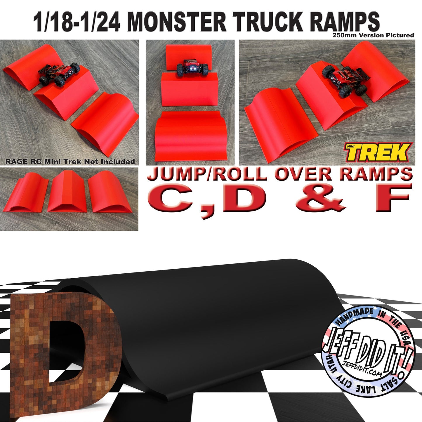 1/24th Monster Truck Jump / Roll Over Ramp D - WIDE  250mm - Works as Display Stand - Includes Anti Slip Rubber Feet - Fun for Hours!