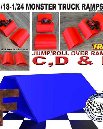 1/24th Monster Truck Ramp Jump / Roll Over F - WIDE 250mm - Works as Display Stand - Includes Anti Slip Rubber Feet - Fun for Hours