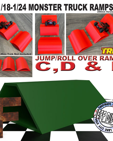 1/24th Monster Truck Ramp Jump / Roll Over F - WIDE 250mm - Works as Display Stand - Includes Anti Slip Rubber Feet - Fun for Hours