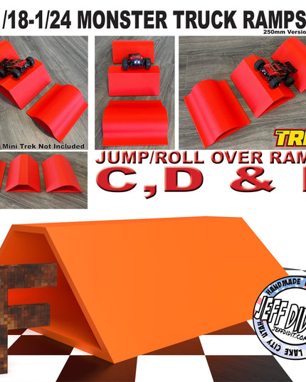 1/24th Monster Truck Ramp Jump / Roll Over F - WIDE 250mm - Works as Display Stand - Includes Anti Slip Rubber Feet - Fun for Hours