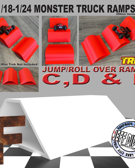 1/24th Monster Truck Ramp Jump / Roll Over F - WIDE 250mm - Works as Display Stand - Includes Anti Slip Rubber Feet - Fun for Hours