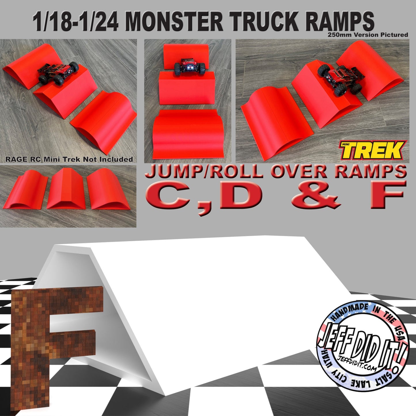 1/24th Monster Truck Ramp Jump / Roll Over F - WIDE 250mm - Works as Display Stand - Includes Anti Slip Rubber Feet - Fun for Hours