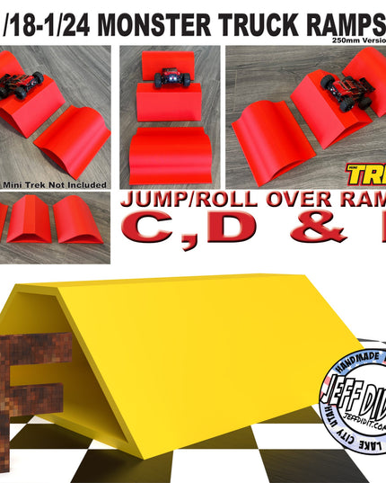1/24th Monster Truck Ramp Jump / Roll Over F - WIDE 250mm - Works as Display Stand - Includes Anti Slip Rubber Feet - Fun for Hours
