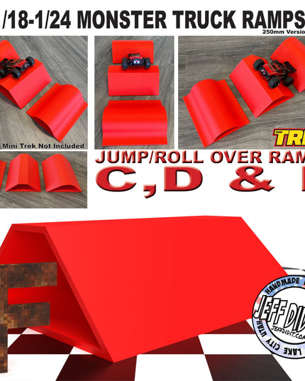 1/24th Monster Truck Ramp Jump / Roll Over F - WIDE 250mm - Works as Display Stand - Includes Anti Slip Rubber Feet - Fun for Hours