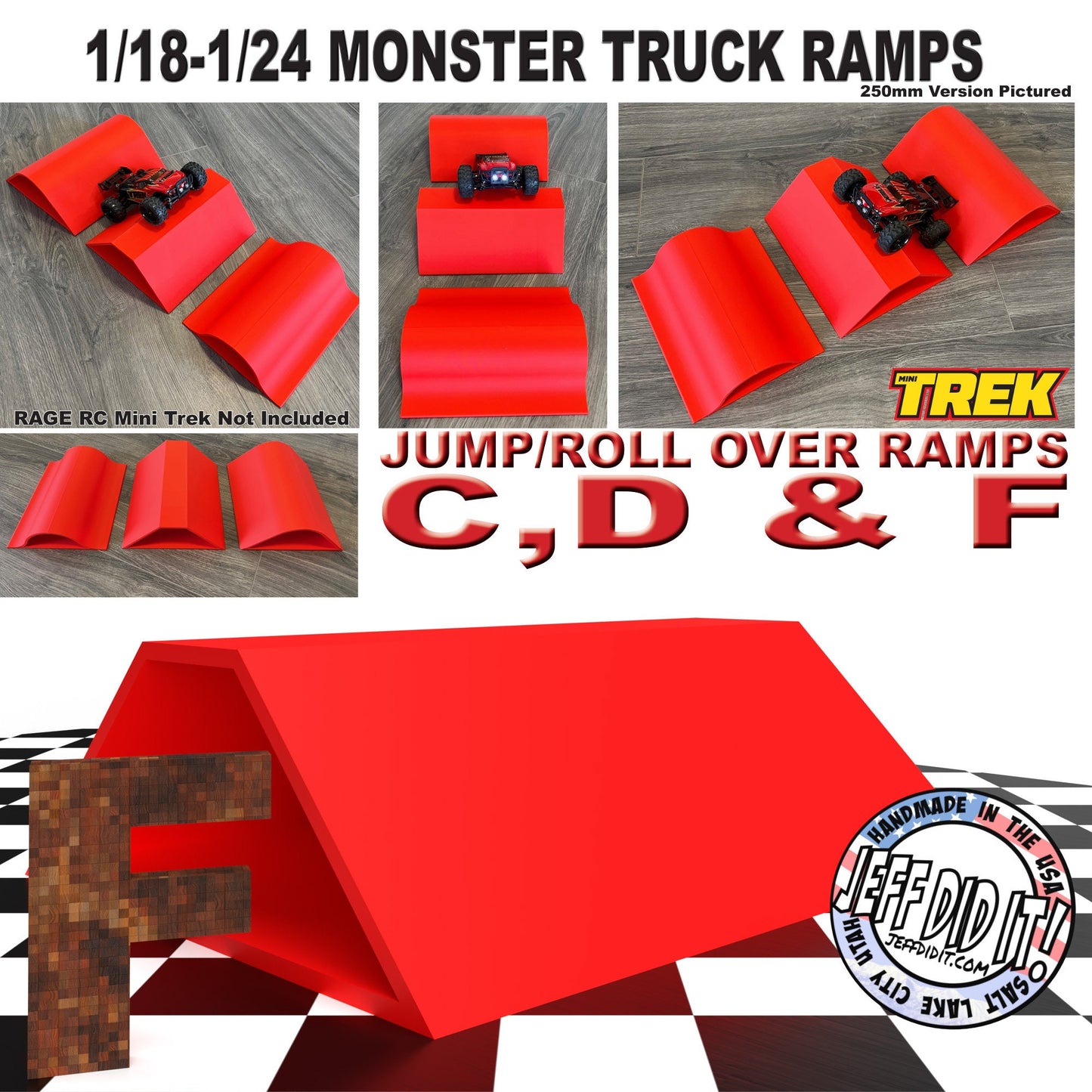 1/24th Monster Truck Ramp Jump / Roll Over F - WIDE 250mm - Works as Display Stand - Includes Anti Slip Rubber Feet - Fun for Hours