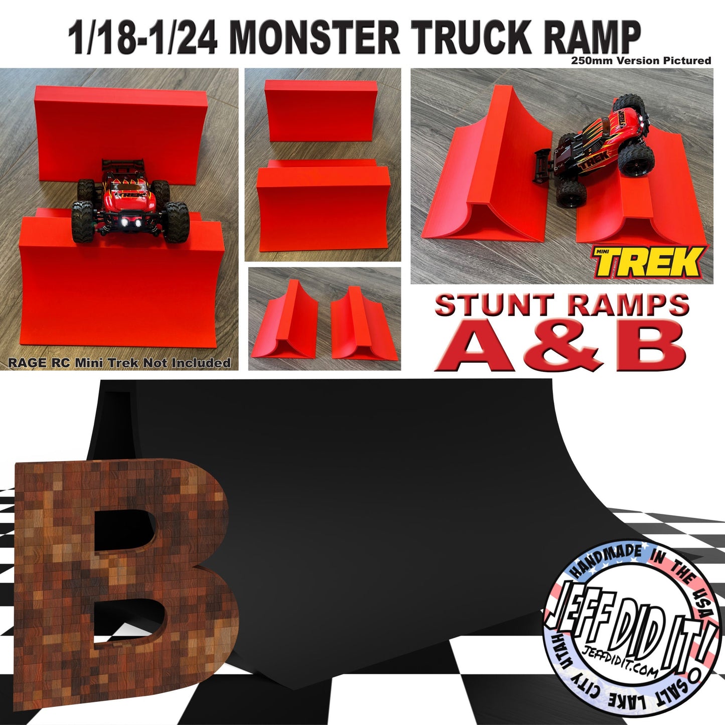 1/24th Monster Truck Extreme Stunt Ramp B - XTRA WIDE 300mm - Works as Display Stand - Includes Anti Slip Rubber Feet