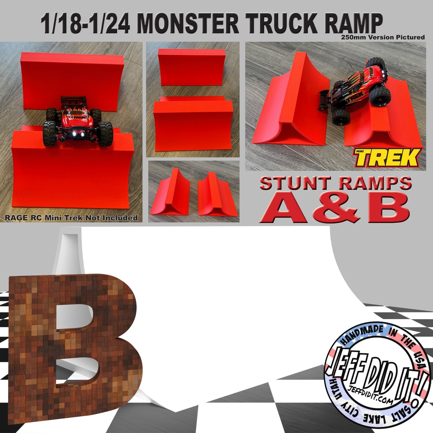 1/24th Monster Truck Extreme Stunt Ramp B - XTRA WIDE 300mm - Works as Display Stand - Includes Anti Slip Rubber Feet