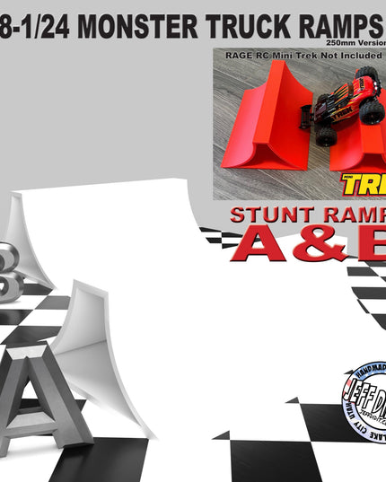1/24th Monster Truck Stunt Ramp Set Includes 2 Stunt/Jump Ramps - Wide 250mm - Includes Anti Slip Rubber Feet - Great Gift!