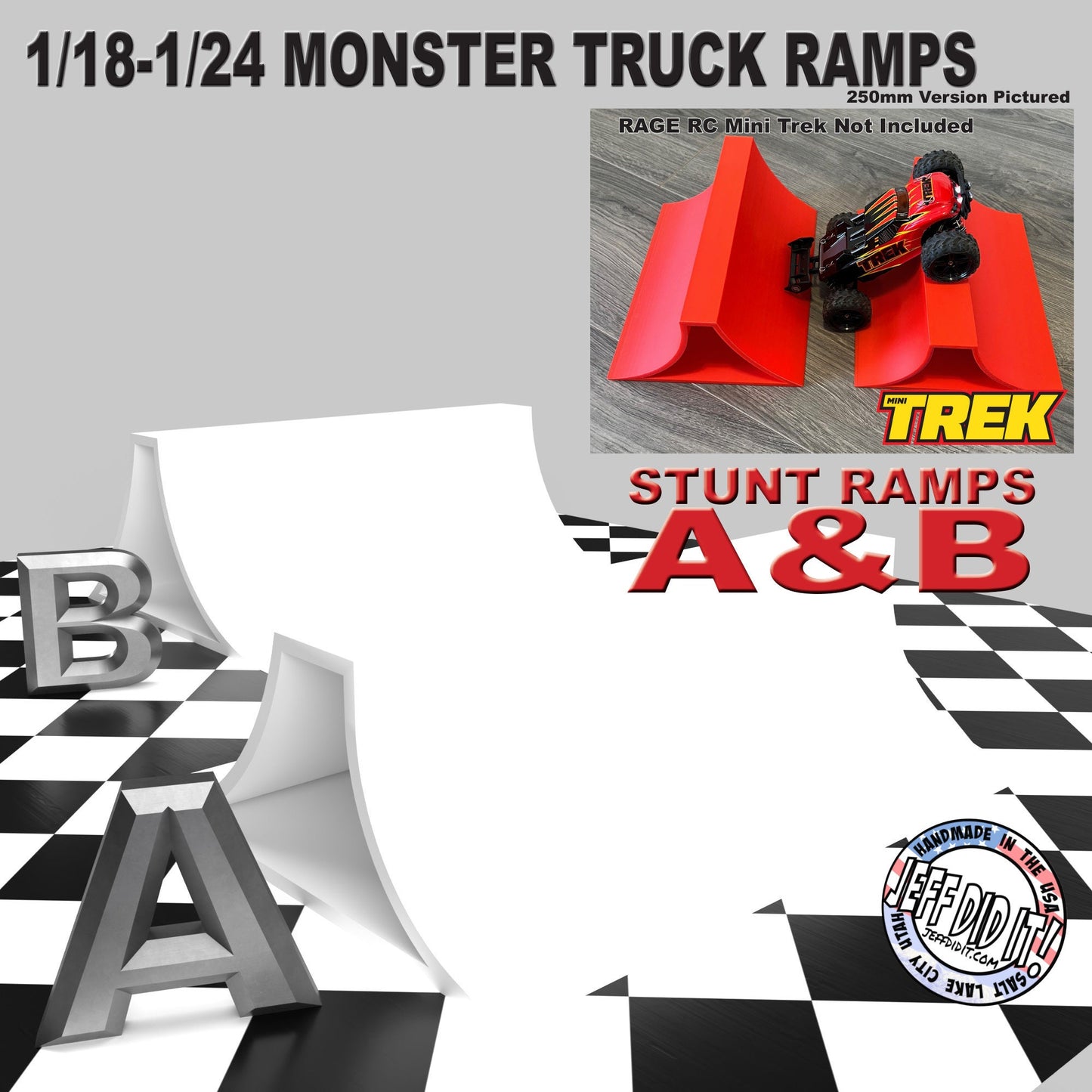 1/24th Monster Truck Stunt Ramp Set Includes 2 Stunt/Jump Ramps - Wide 250mm - Includes Anti Slip Rubber Feet - Great Gift!