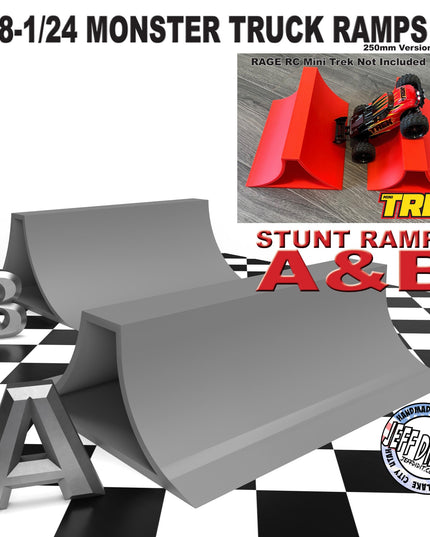1/24th Monster Truck Stunt Ramp Set Includes 2 Stunt/Jump Ramps - Wide 250mm - Includes Anti Slip Rubber Feet - Great Gift!