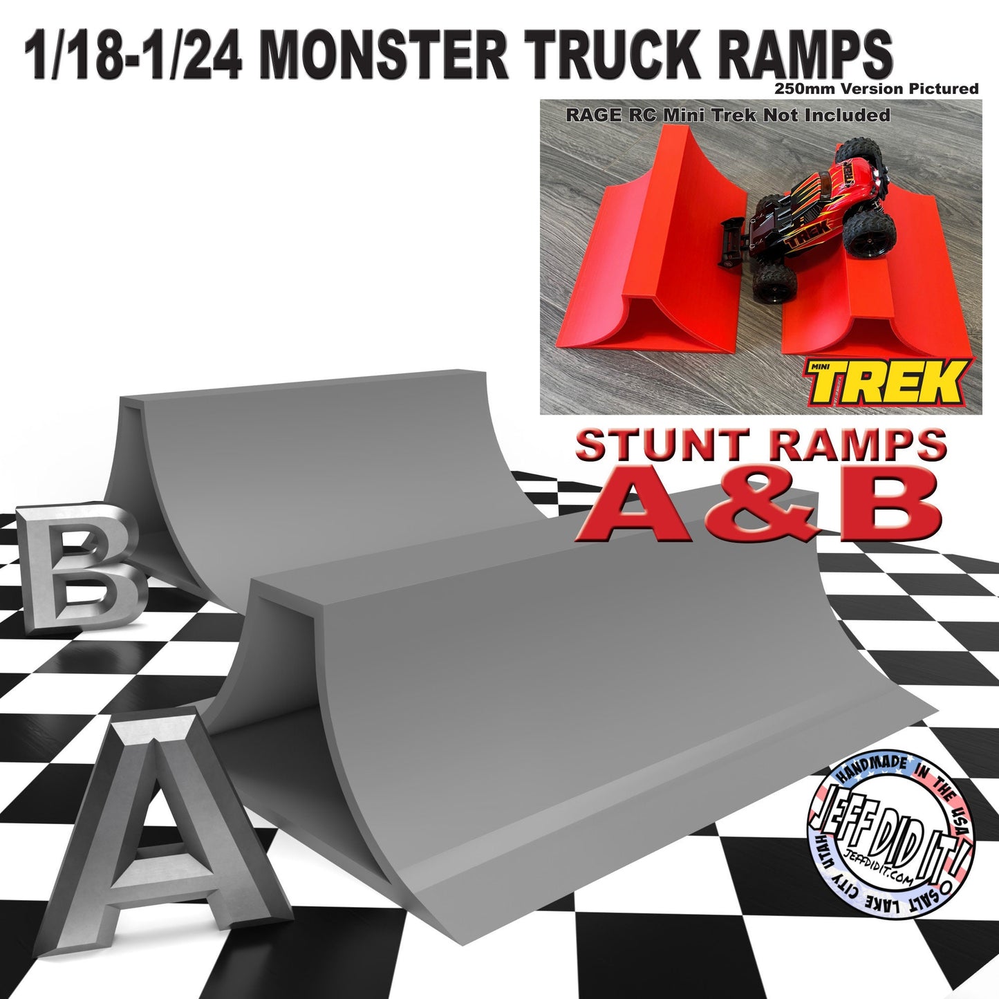 1/24th Monster Truck Stunt Ramp Set Includes 2 Stunt/Jump Ramps - Wide 250mm - Includes Anti Slip Rubber Feet - Great Gift!