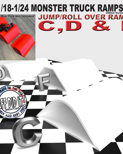 1/24th Monster Truck Ramp Set Includes 3 Jump/Roll Over Ramps - WIDE 250mm - Includes Anti Slip Rubber Feet - Great Gift!