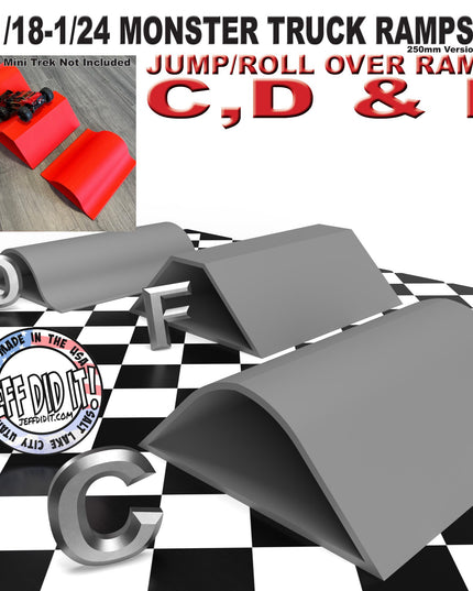 1/24th Monster Truck Ramp Set Includes 3 Jump/Roll Over Ramps - WIDE 250mm - Includes Anti Slip Rubber Feet - Great Gift!