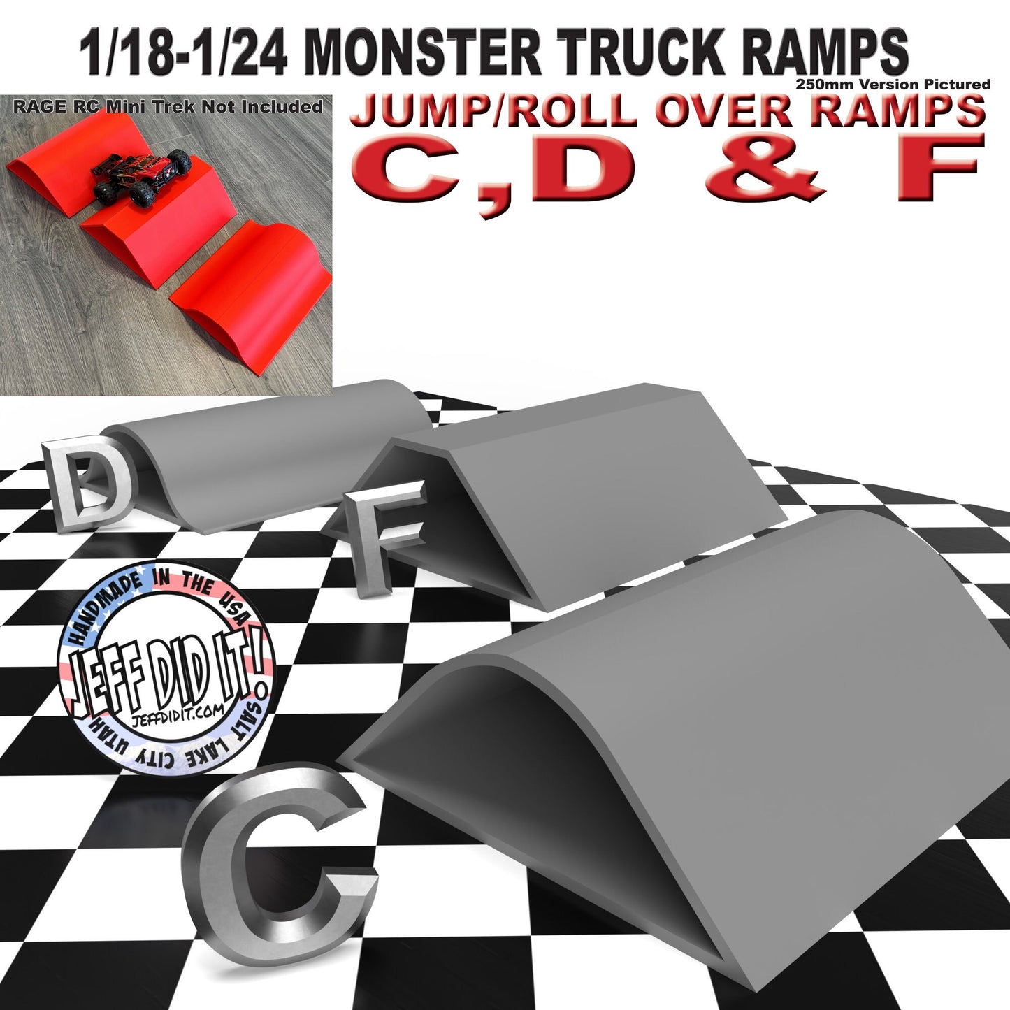 1/24th Monster Truck Ramp Set Includes 3 Jump/Roll Over Ramps - WIDE 250mm - Includes Anti Slip Rubber Feet - Great Gift!